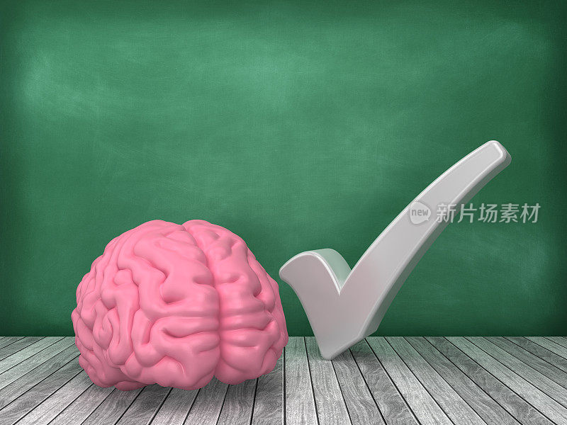 人类大脑与勾选标记的黑板背景- 3D渲染